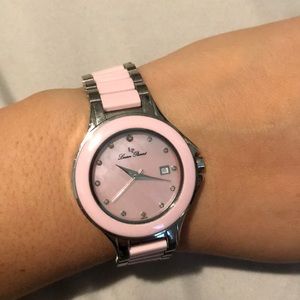 Pink ceramic watch with mother of pearl face